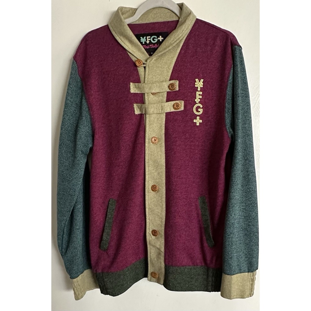 Pink Dolphin YFG+ Varsity Cardigan Sweater Mens M Purple Colorblock Button Up
